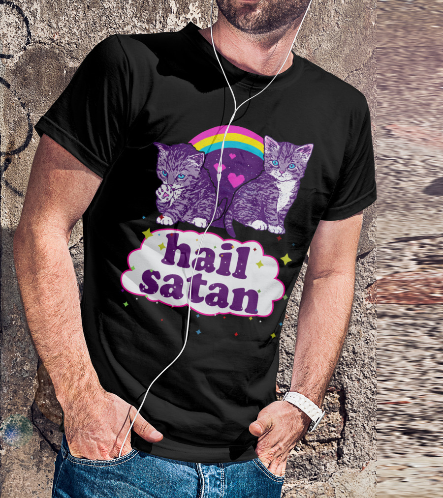 Hail Satan Cats With Rainbow And Hearts T-Shirt