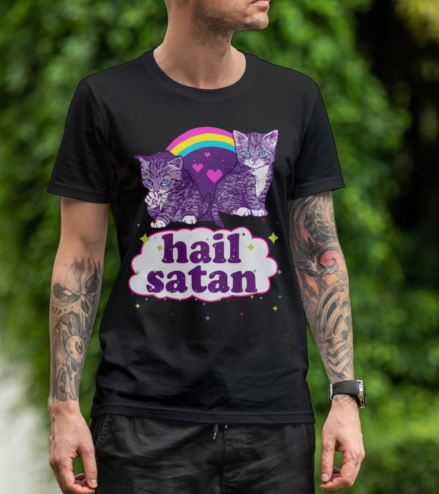 Hail Satan Cats With Rainbow And Hearts T-Shirt