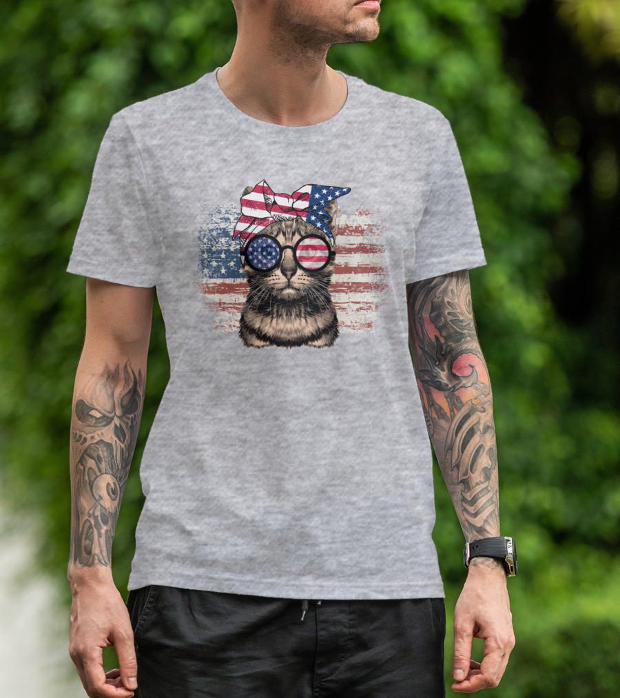 Cat American Flag Glasses Bandana T-Shirt