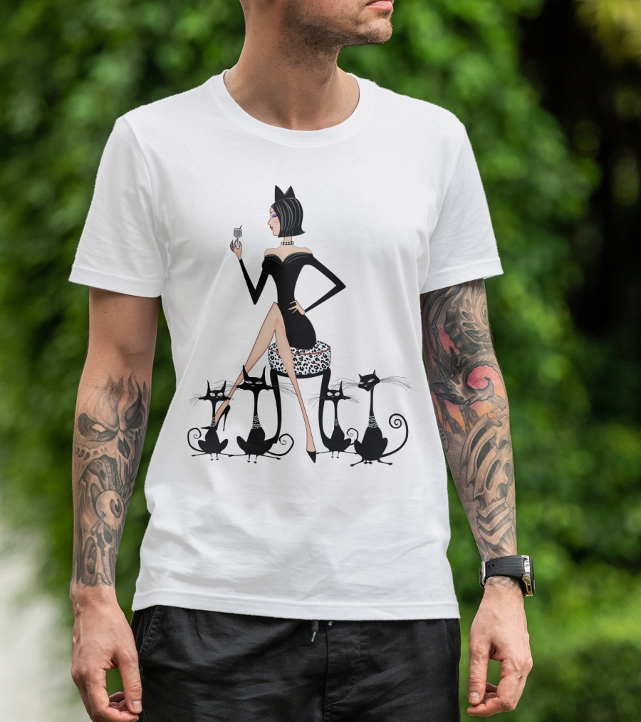 Stylish Cat Lady With Elegant Black Cats And Wine T-Shirt