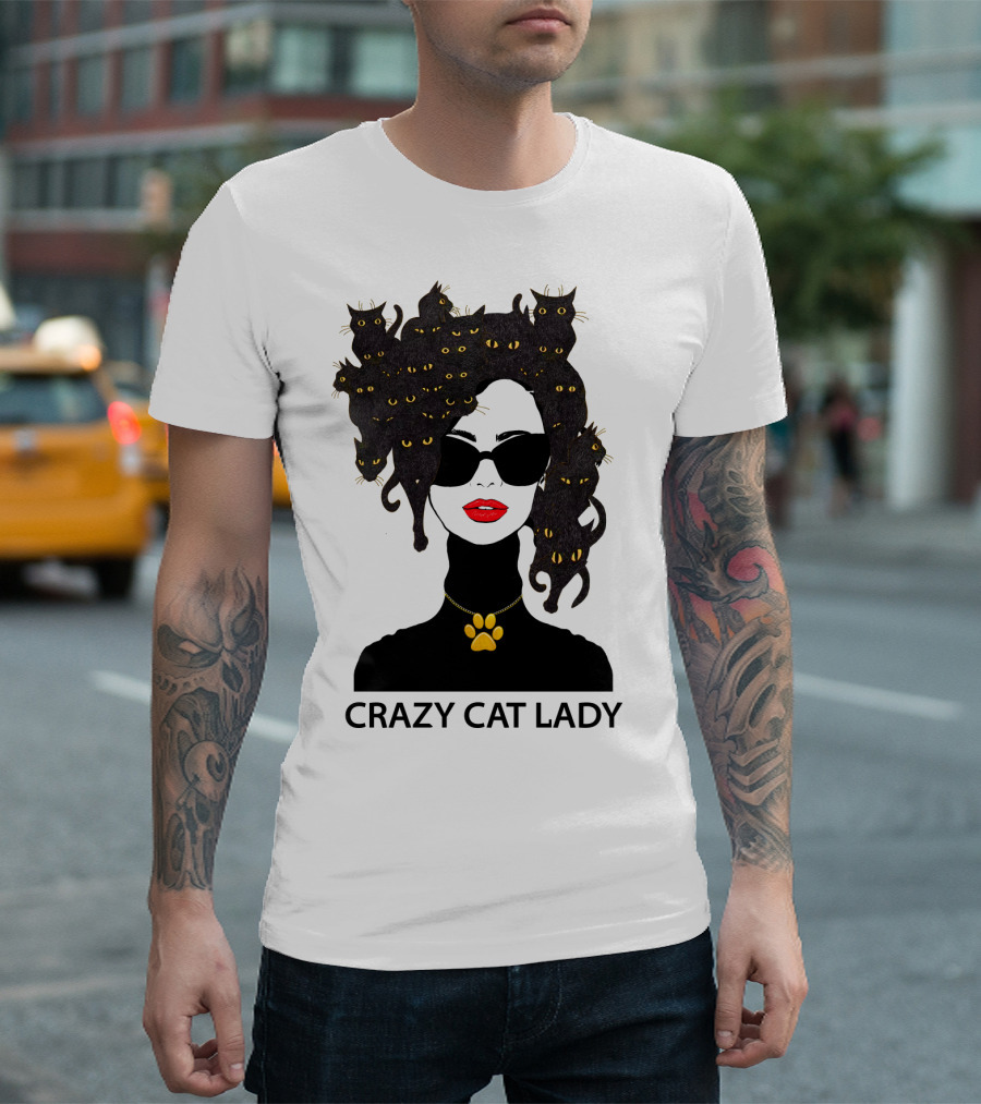 CRAZY CAT LADY Cat Afro Sunglasses Red Lips Golden Paw Necklace T-Shirt