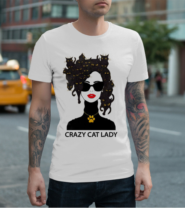 CRAZY CAT LADY Cat Afro Sunglasses Red Lips Golden Paw Necklace T-Shirt