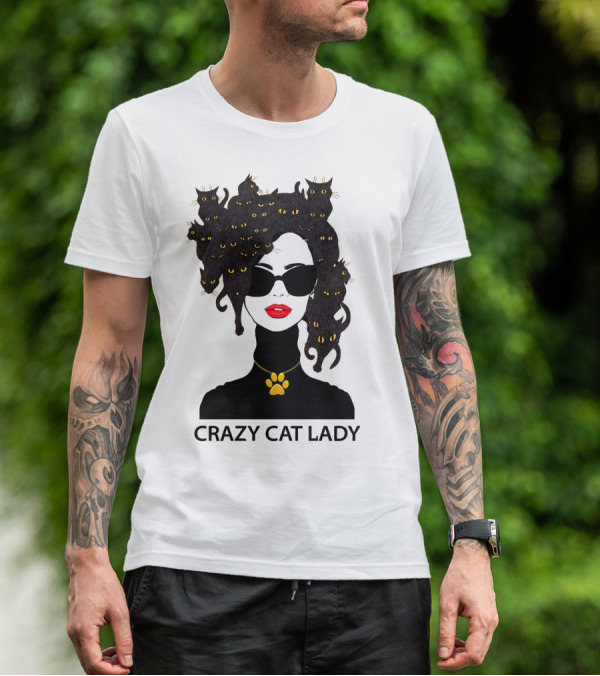 CRAZY CAT LADY Cat Afro Sunglasses Red Lips Golden Paw Necklace T-Shirt