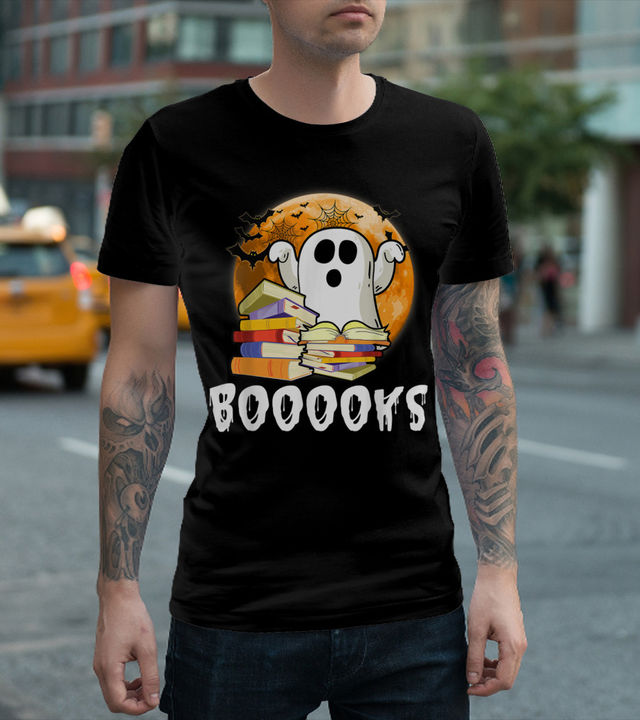 Booooks Ghost with Books in Front of Moon and Bats T-Shirt