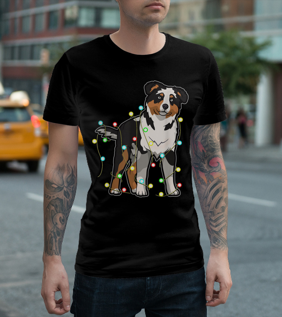 Australian Shepherd Wrapped In Christmas Lights T-Shirt