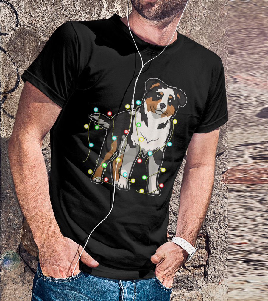 Australian Shepherd Wrapped In Christmas Lights T-Shirt