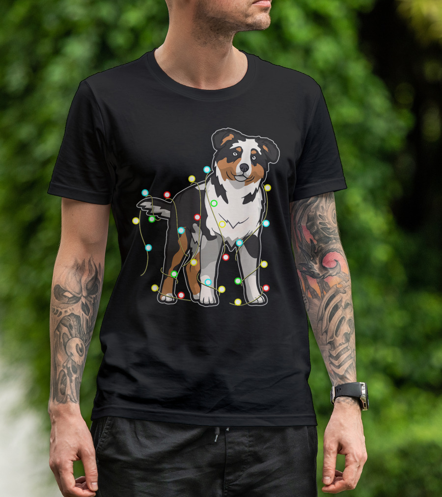 Australian Shepherd Wrapped In Christmas Lights T-Shirt