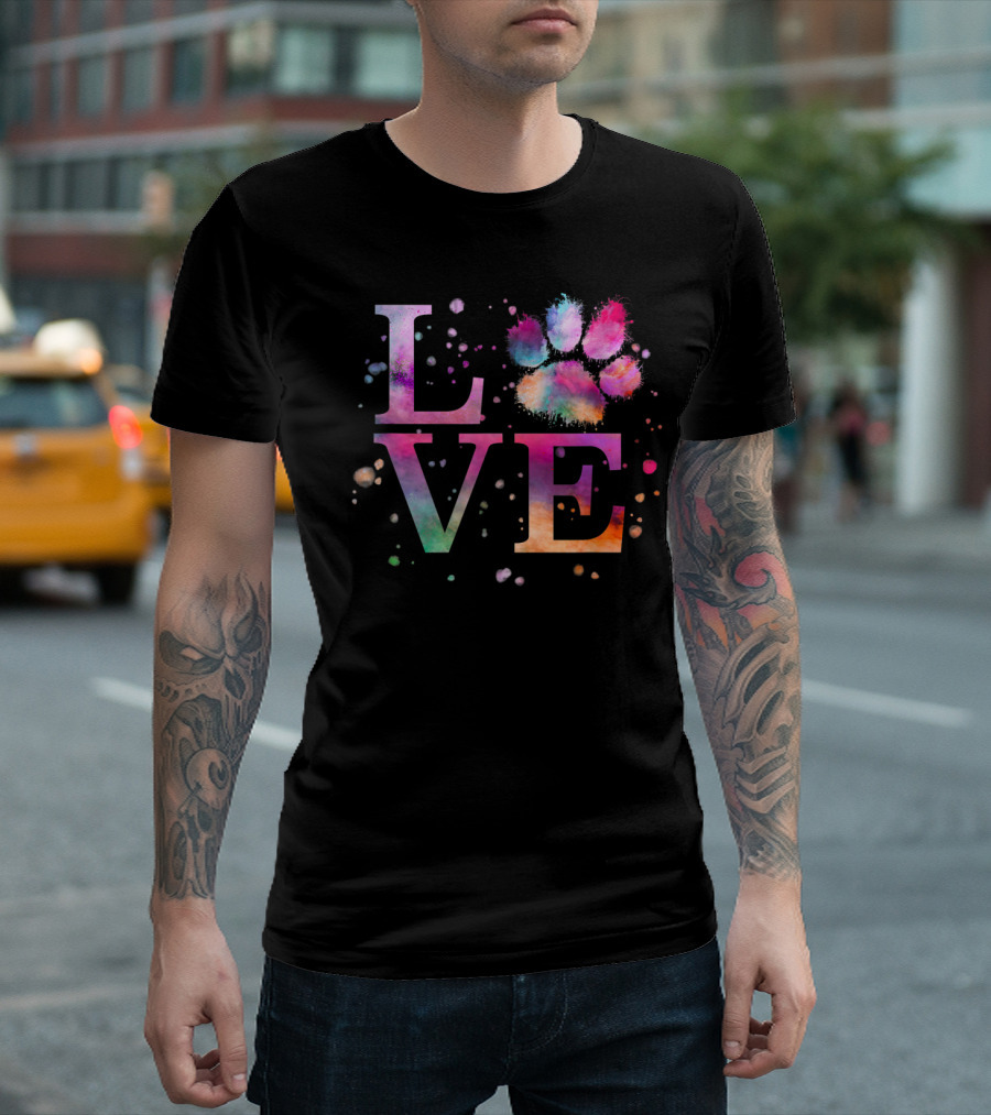 Dog Paw Print Colorful Love Splash Pink Blue Words T-Shirt