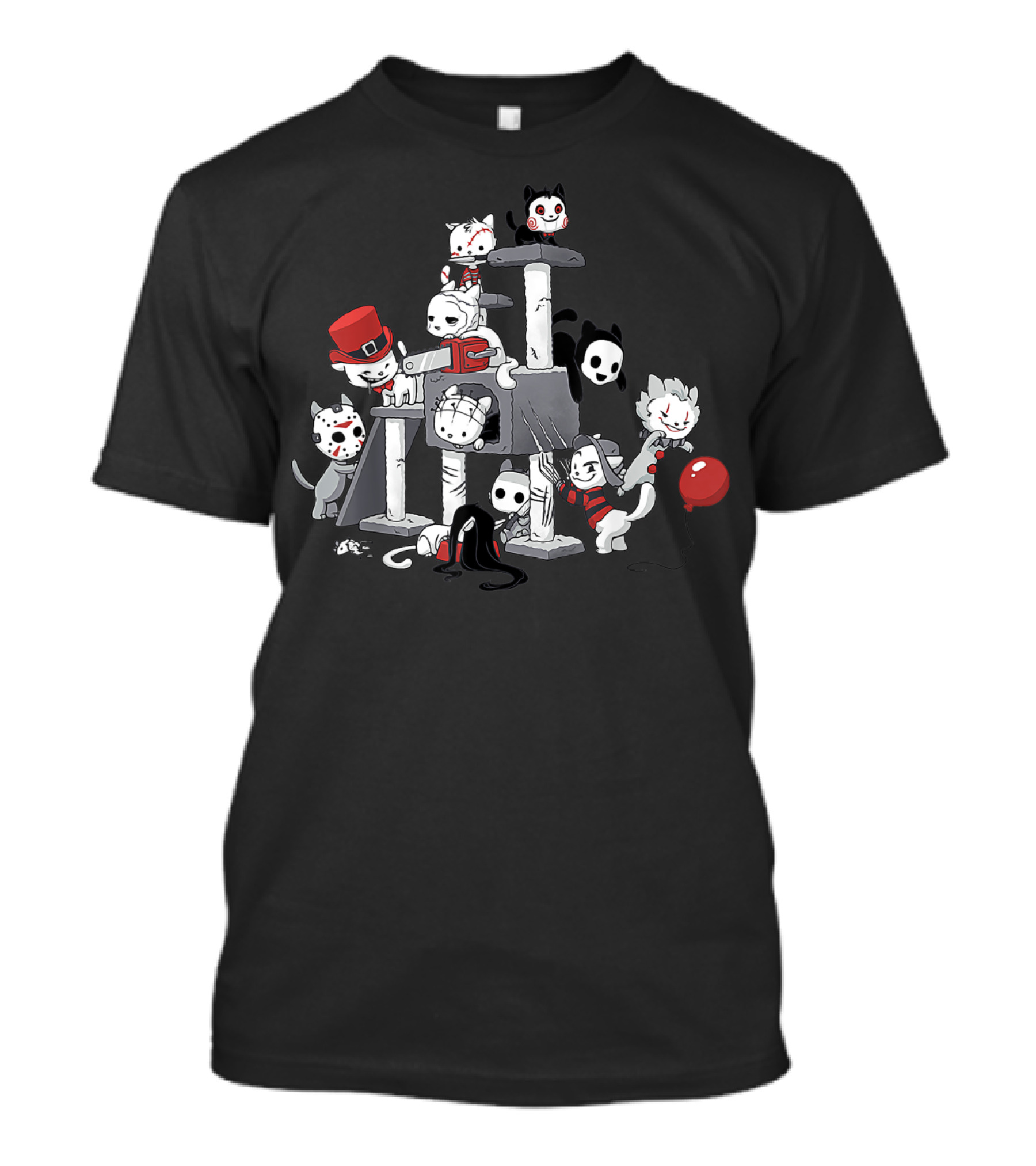 Cats Horror Kitties Creepy Playful Feline Characters Halloween Scary Red Balloon T-Shirt