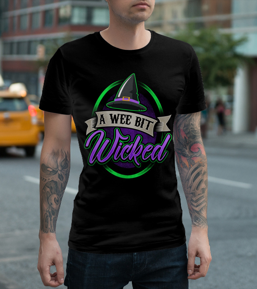 A Wee Bit Wicked Witch Hat Halloween Purple and Green T-Shirt