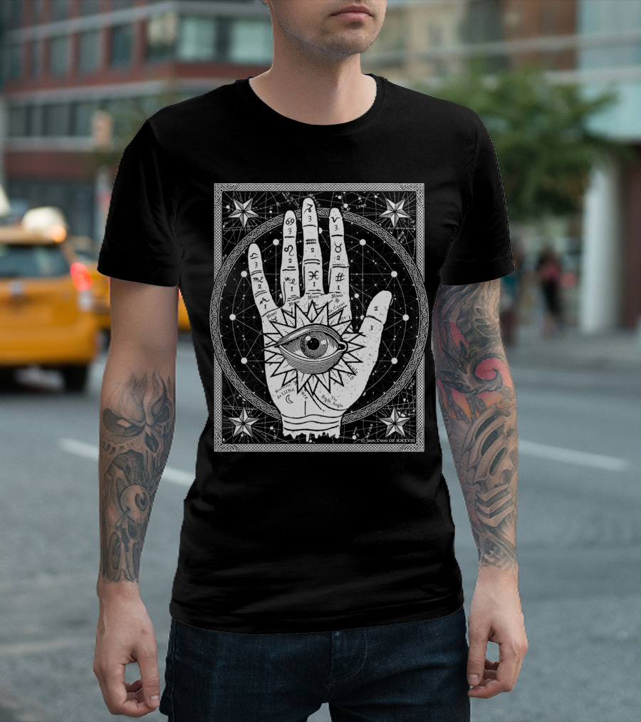 Allseeing Eye Oracle Tarot Astrology Palmistry Illustration Vision Starry Black White Mystic Insight T-Shirt