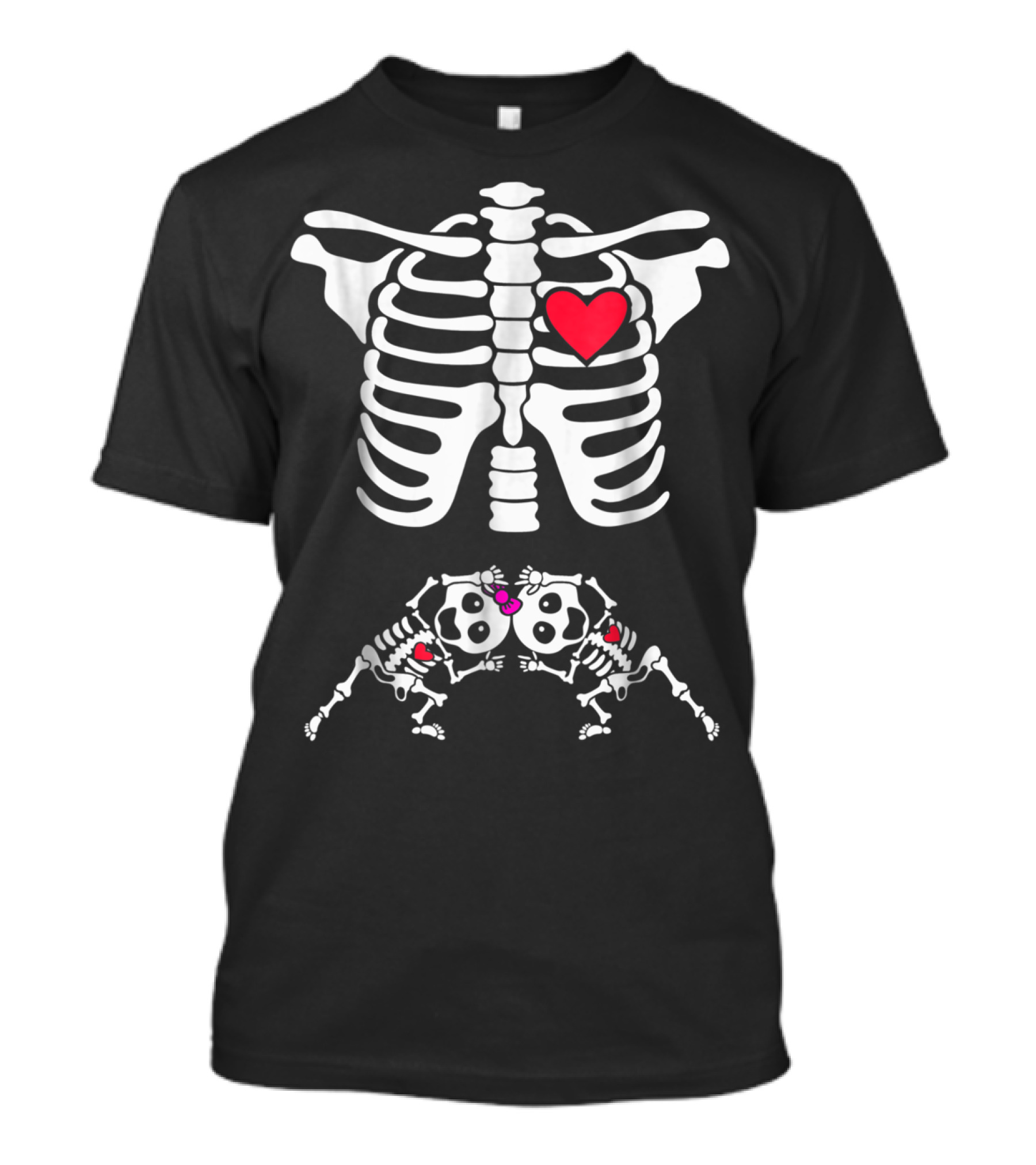 Pregnancy Skeleton With Baby Twins And Heart T-Shirt