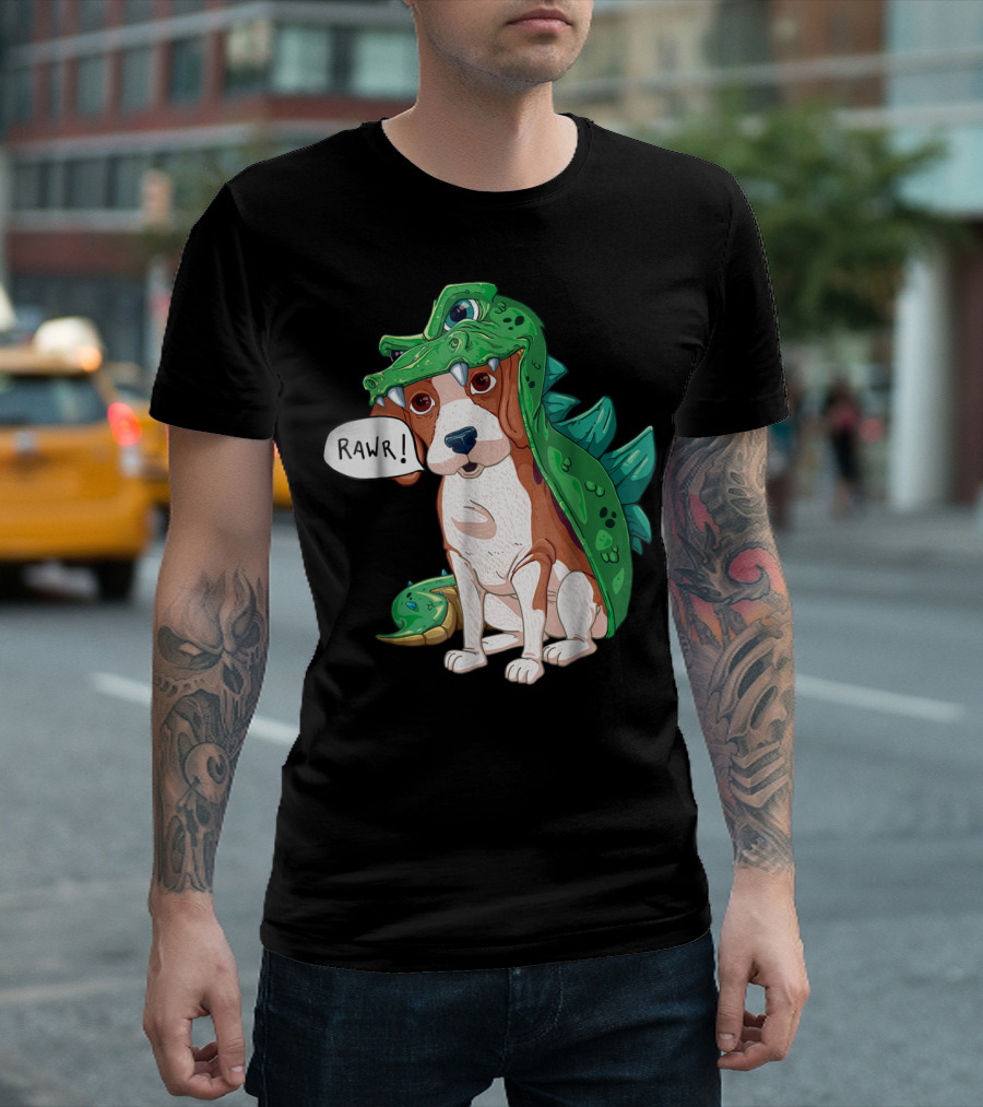 Beagle In Green Dinosaur Dragon Costume Saying Rawr Halloween Dog T-Shirt