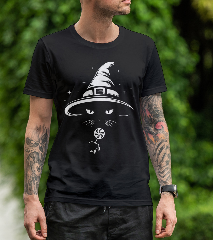 Black Cat In Witch Hat With Candy And Stars T-Shirt