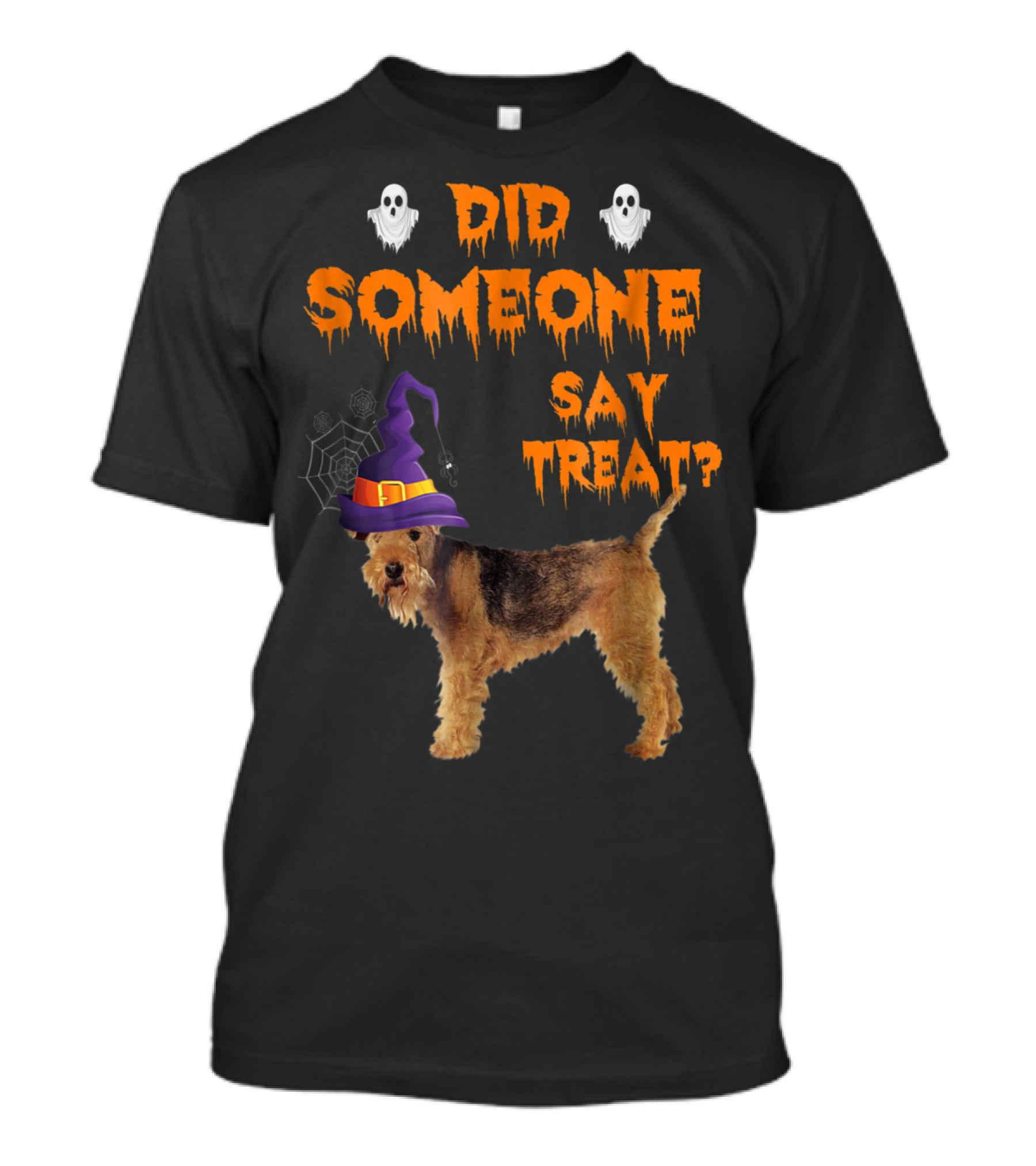 Airedale Terrier Halloween Did Someone Say Treat With Witch Hat And Ghosts T-Shirt