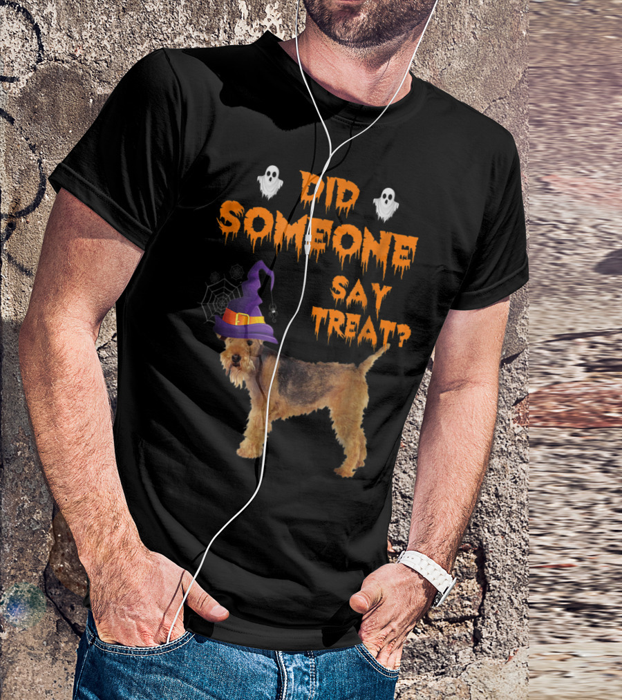 Airedale Terrier Halloween Did Someone Say Treat With Witch Hat And Ghosts T-Shirt