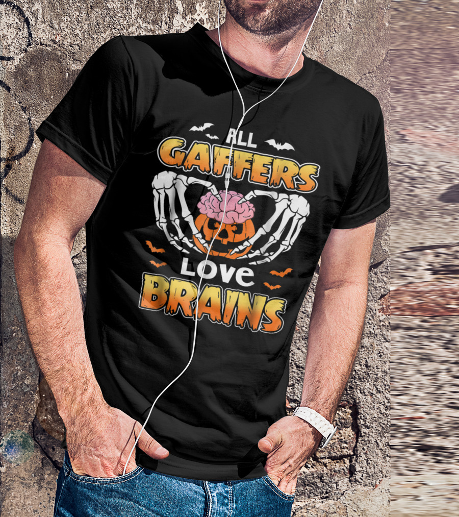 Halloween Pumpkin Skeleton Hands All Gaffers Love Brains Bats T-Shirt