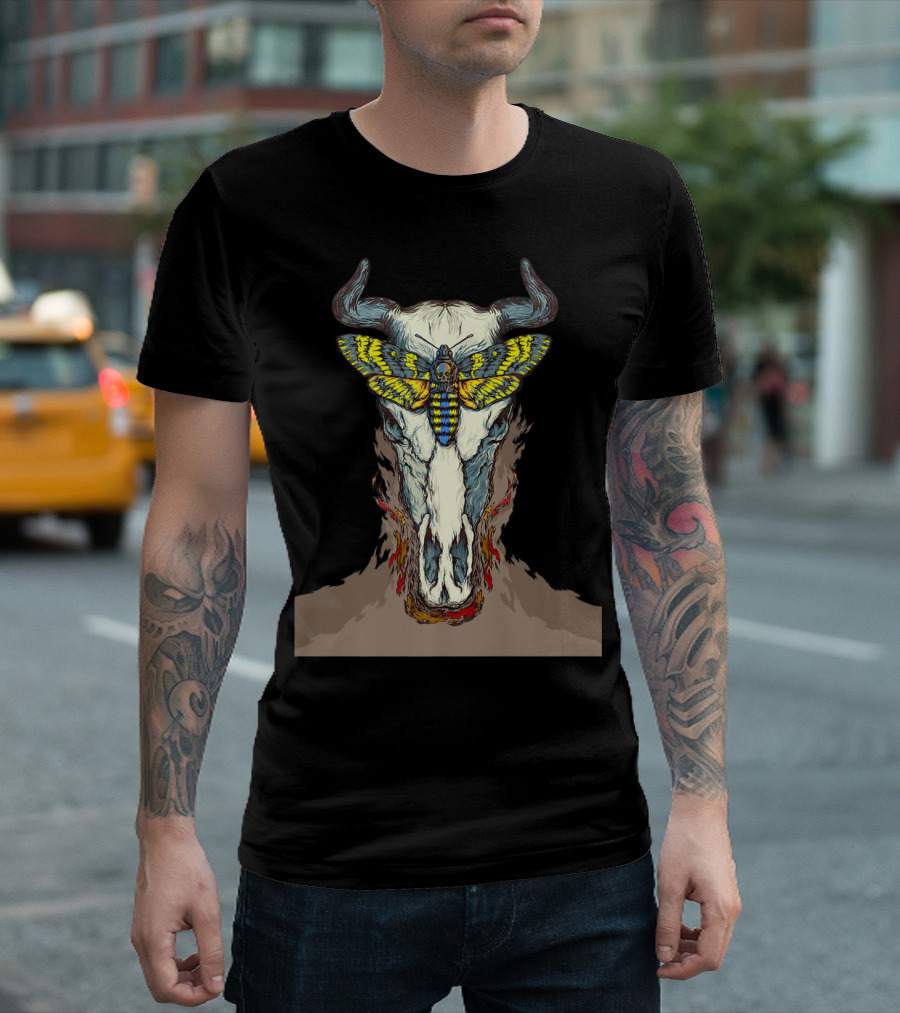 Skull Cow Horns Butterfly Mouth Beast T-Shirt