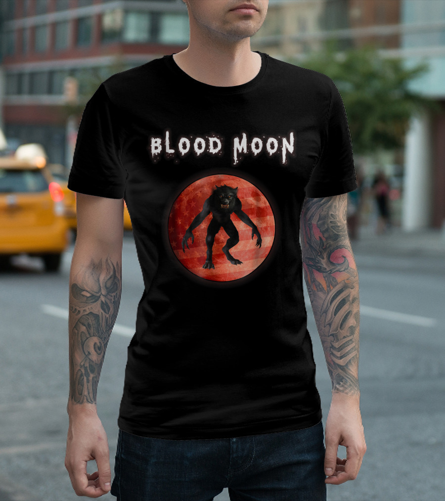 Blood Moon Werewolf Silhouette On Red Lunar Background T-Shirt