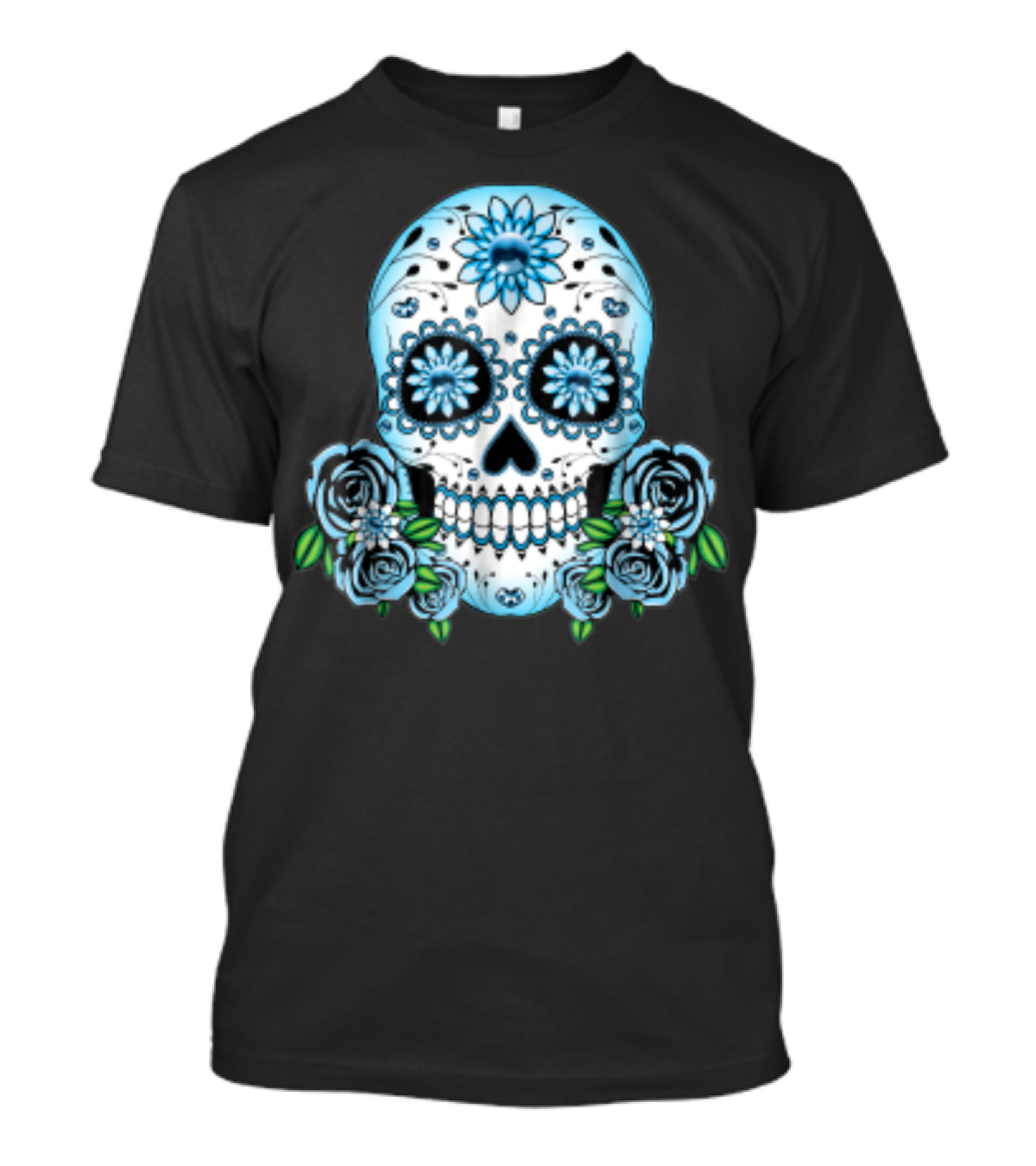Sugar Skull Blue Flowers Day Of The Dead T-Shirt