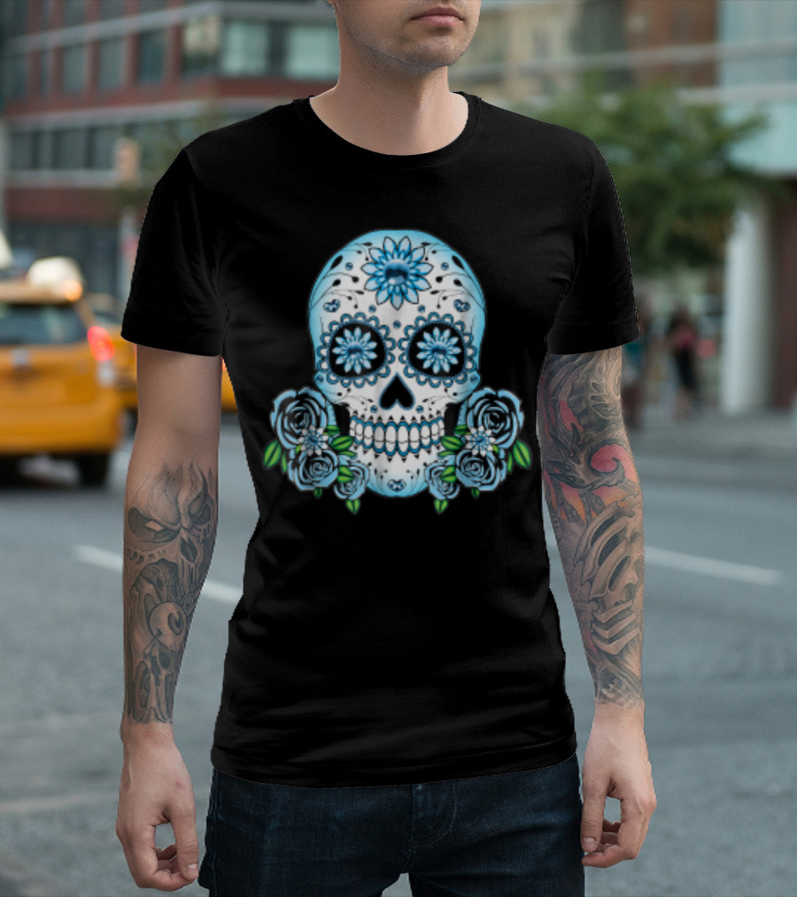 Sugar Skull Blue Flowers Day Of The Dead T-Shirt