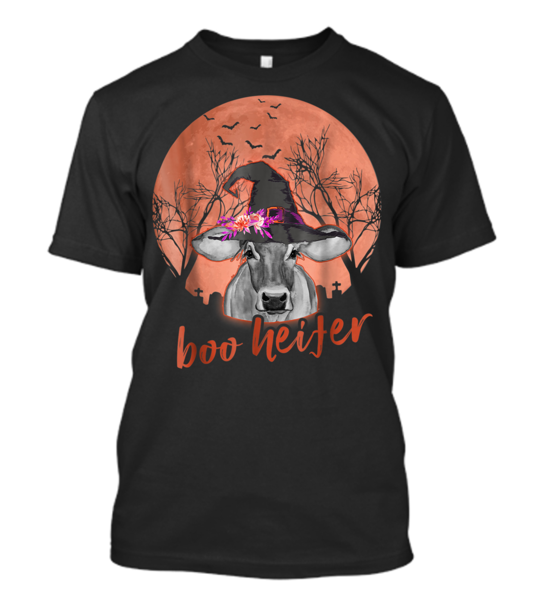 Boo Heifer Funny Cow Witch Hat Halloween Farmer Moon Bats T-Shirt
