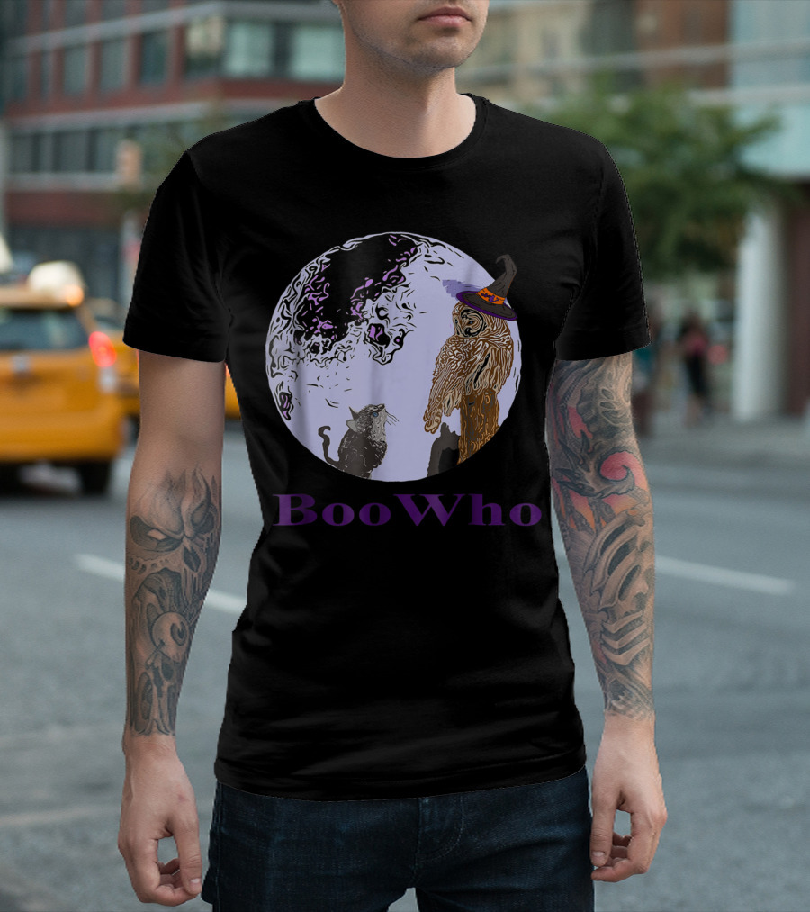 Boo Who Owl and Cat Halloween Moon Magic T-Shirt