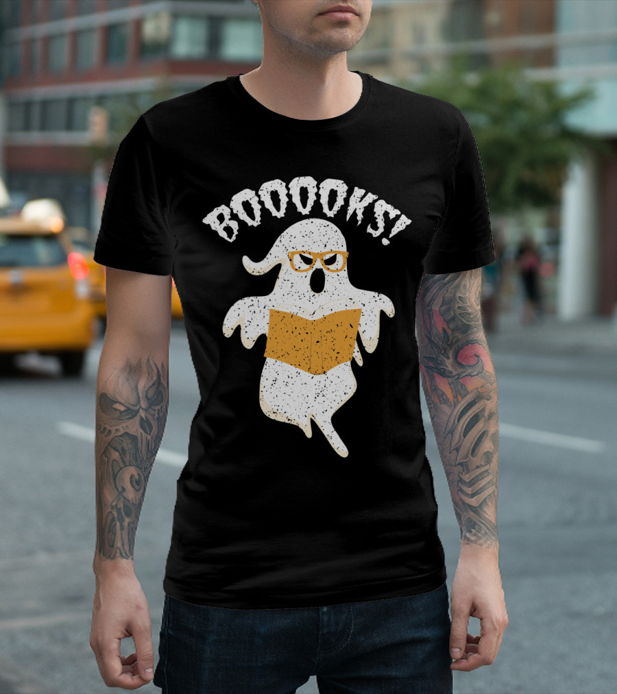 BOOOOKS Ghost With Glasses Halloween Reading Nerd T-Shirt