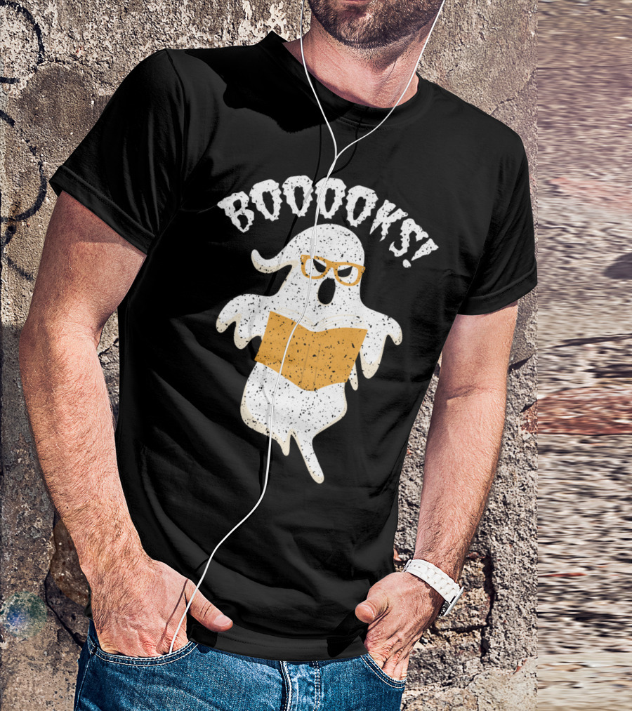 BOOOOKS Ghost With Glasses Halloween Reading Nerd T-Shirt