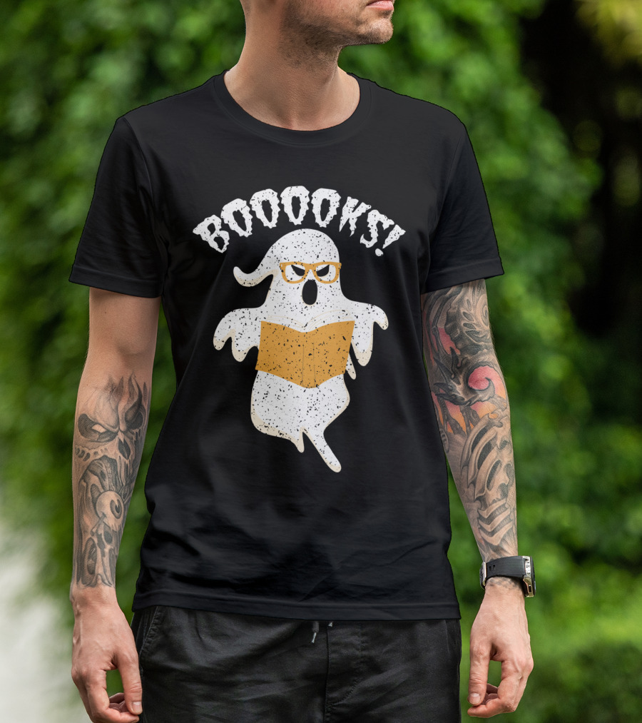 BOOOOKS Ghost With Glasses Halloween Reading Nerd T-Shirt