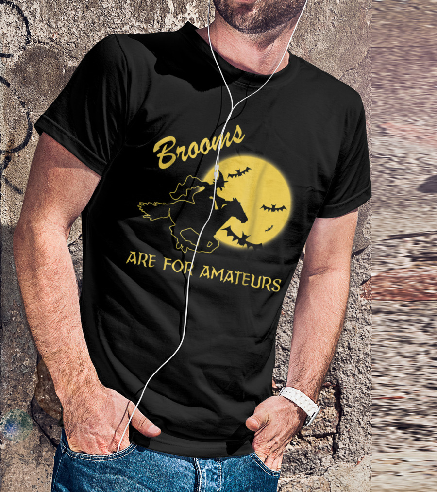 Brooms Are For Amateurs Halloween Horse Riding Witch Moon Bats T-Shirt
