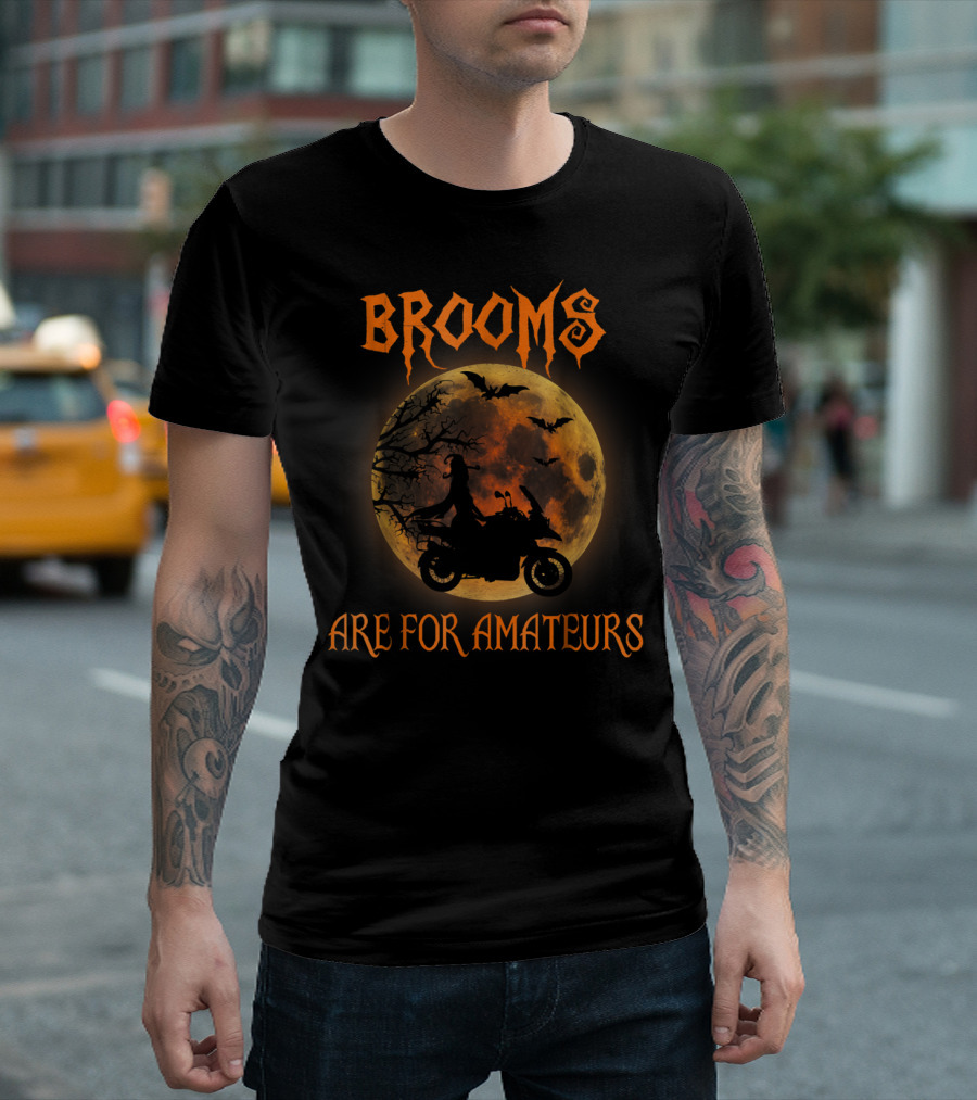 Brooms Are For Amateurs Witch Riding Motorcycle Under Moon and Bats Halloween T-Shirt