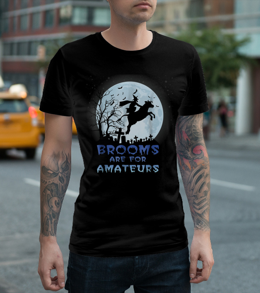 Brooms Are For Amateurs Witch Riding Cow Full Moon Graveyard Scene T-Shirt