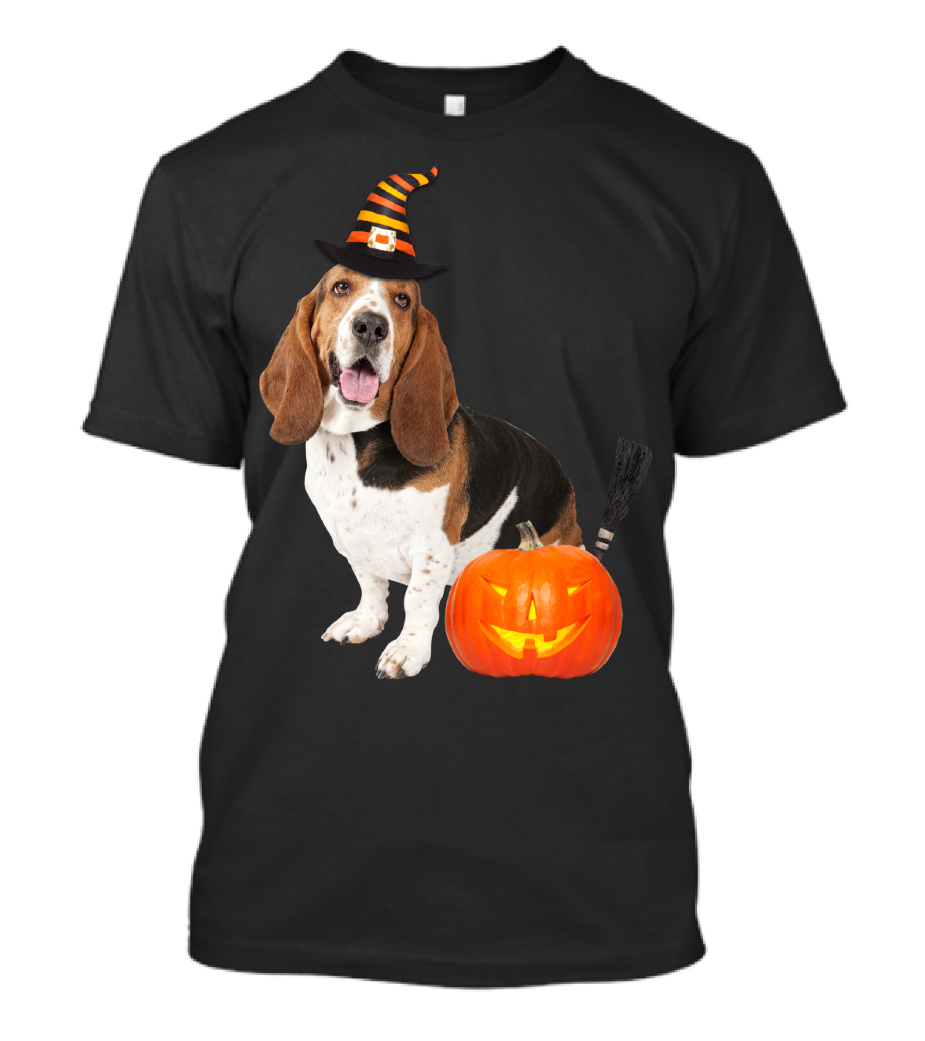 Basset Hound Witch Hat With Jack-O'-Lantern Halloween Dog T-Shirt