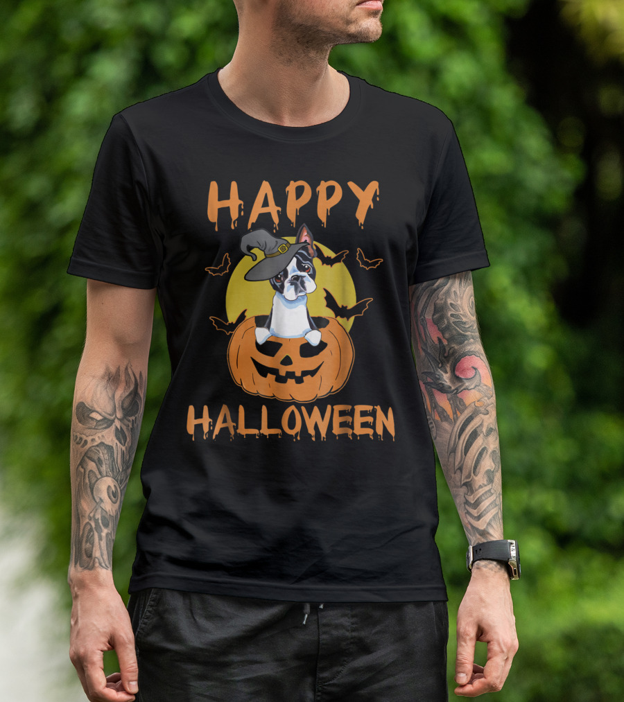Boston Terrier Happy Halloween Pumpkin And Witch Hat T-Shirt