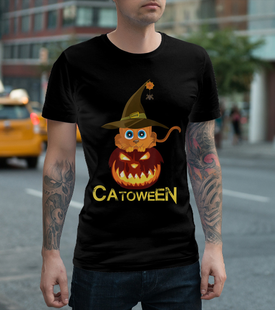 Catoween Halloween Cat With Pumpkin And Witch Hat T-Shirt