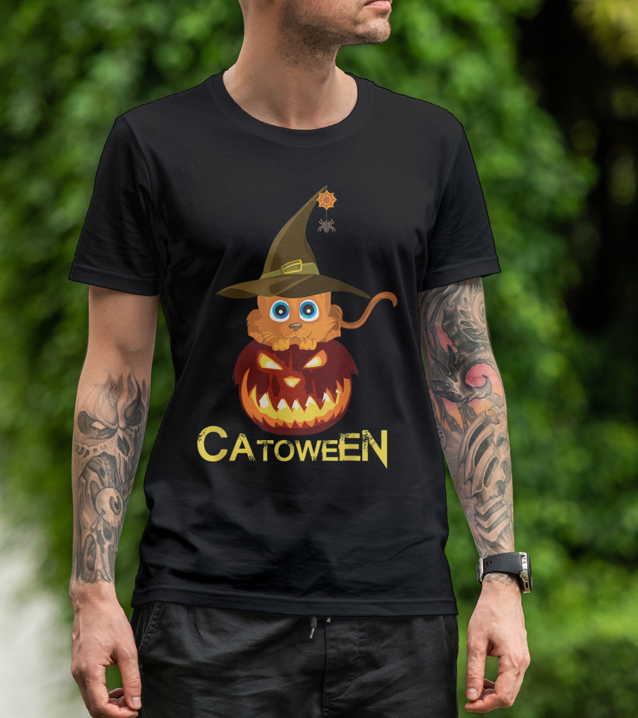Catoween Halloween Cat With Pumpkin And Witch Hat T-Shirt