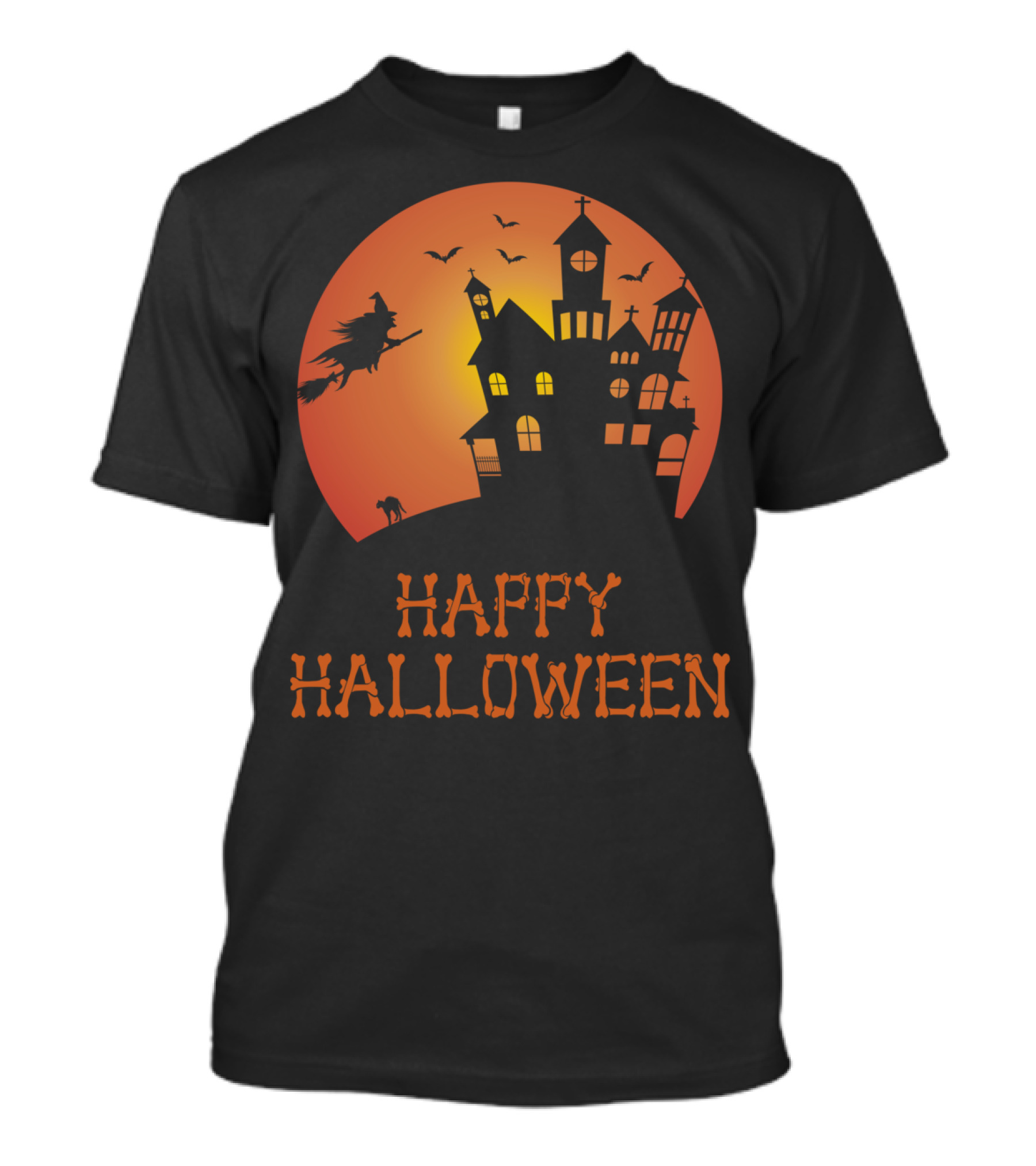 Happy Halloween Witch Haunted House Silhouette Moon Bats T-Shirt