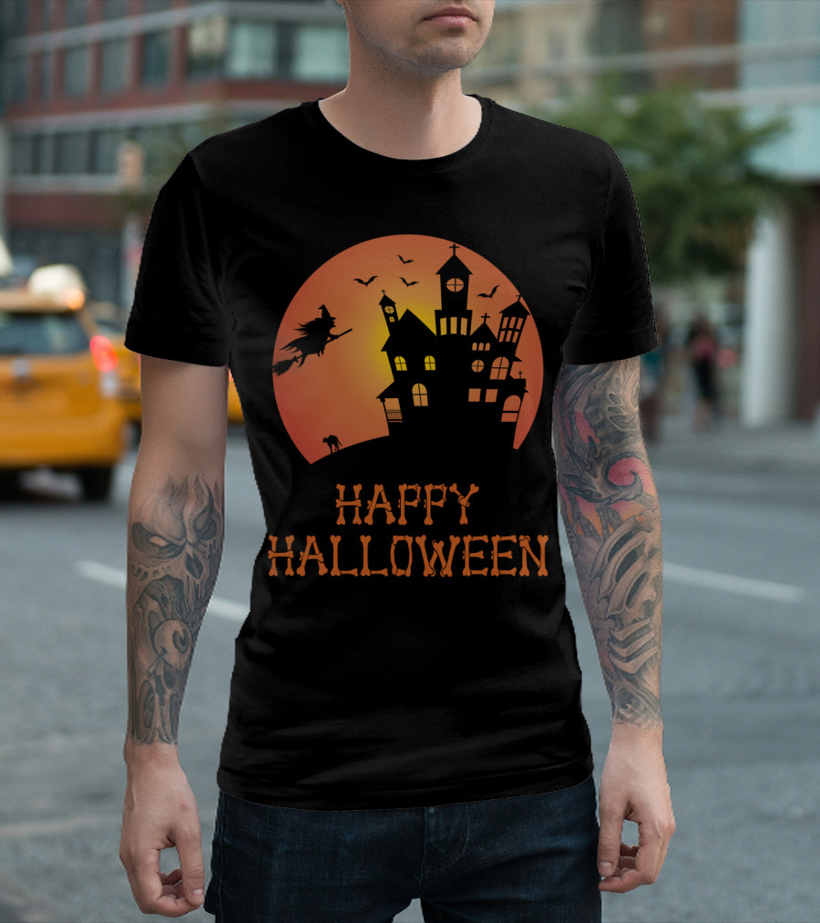 Happy Halloween Witch Haunted House Silhouette Moon Bats T-Shirt