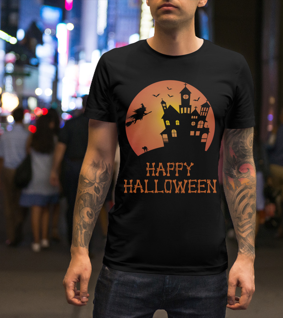 Happy Halloween Witch Haunted House Silhouette Moon Bats T-Shirt