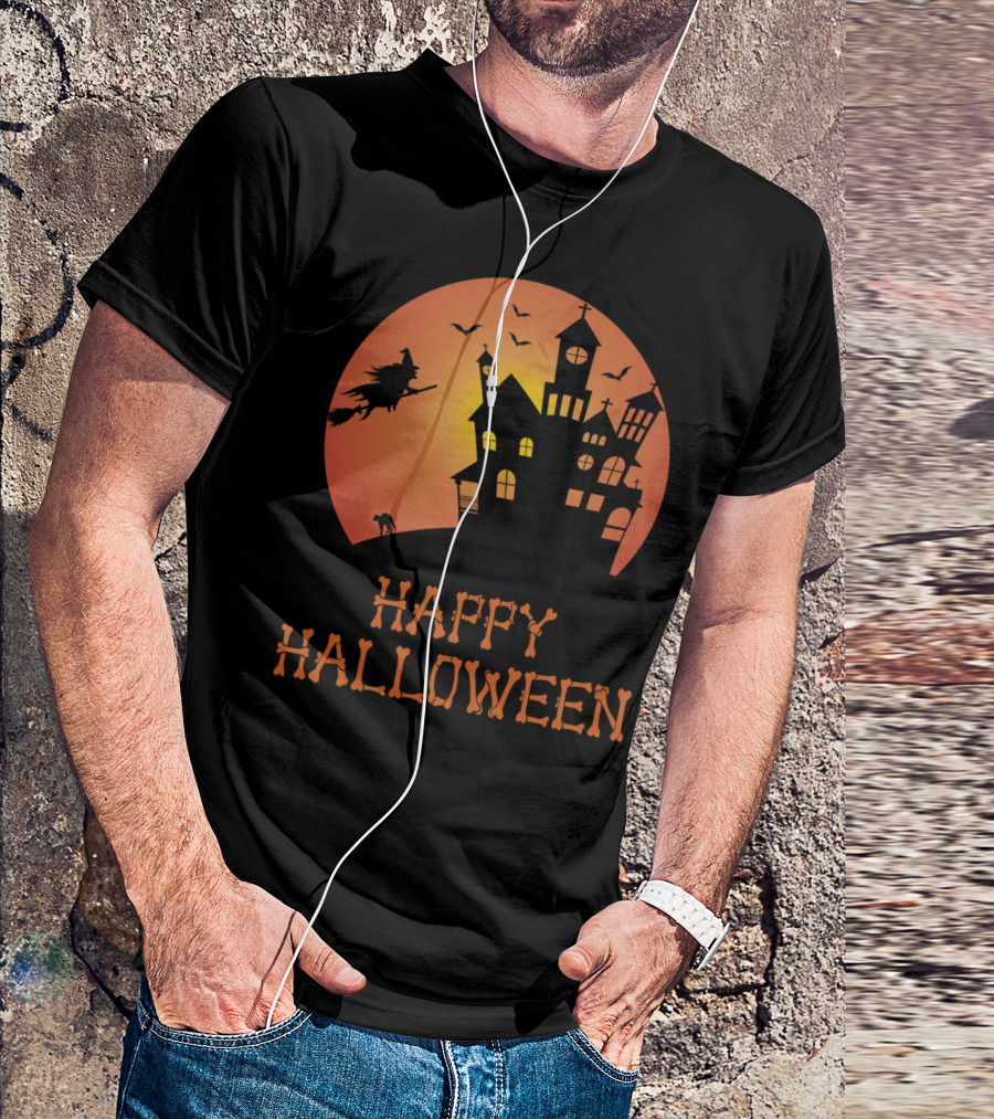 Happy Halloween Witch Haunted House Silhouette Moon Bats T-Shirt