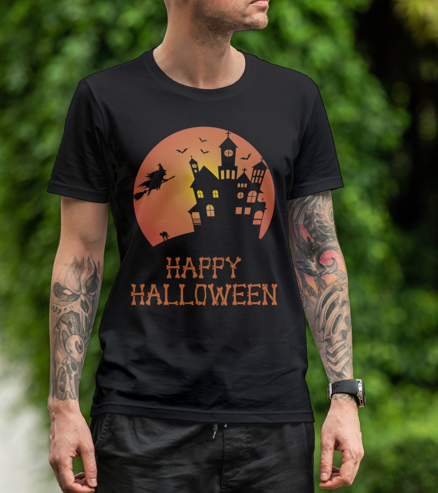 Happy Halloween Witch Haunted House Silhouette Moon Bats T-Shirt