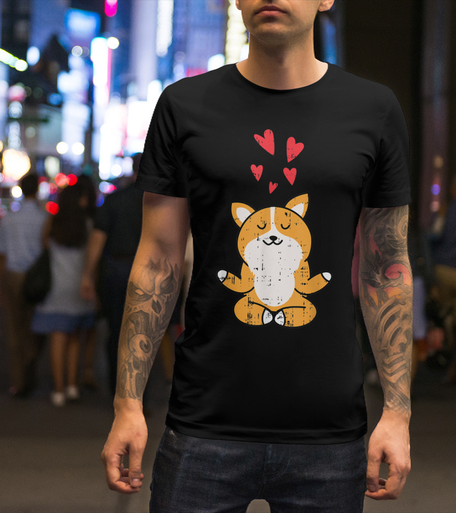 Corgi Meditating With Hearts Yoga Cute Pet T-Shirt