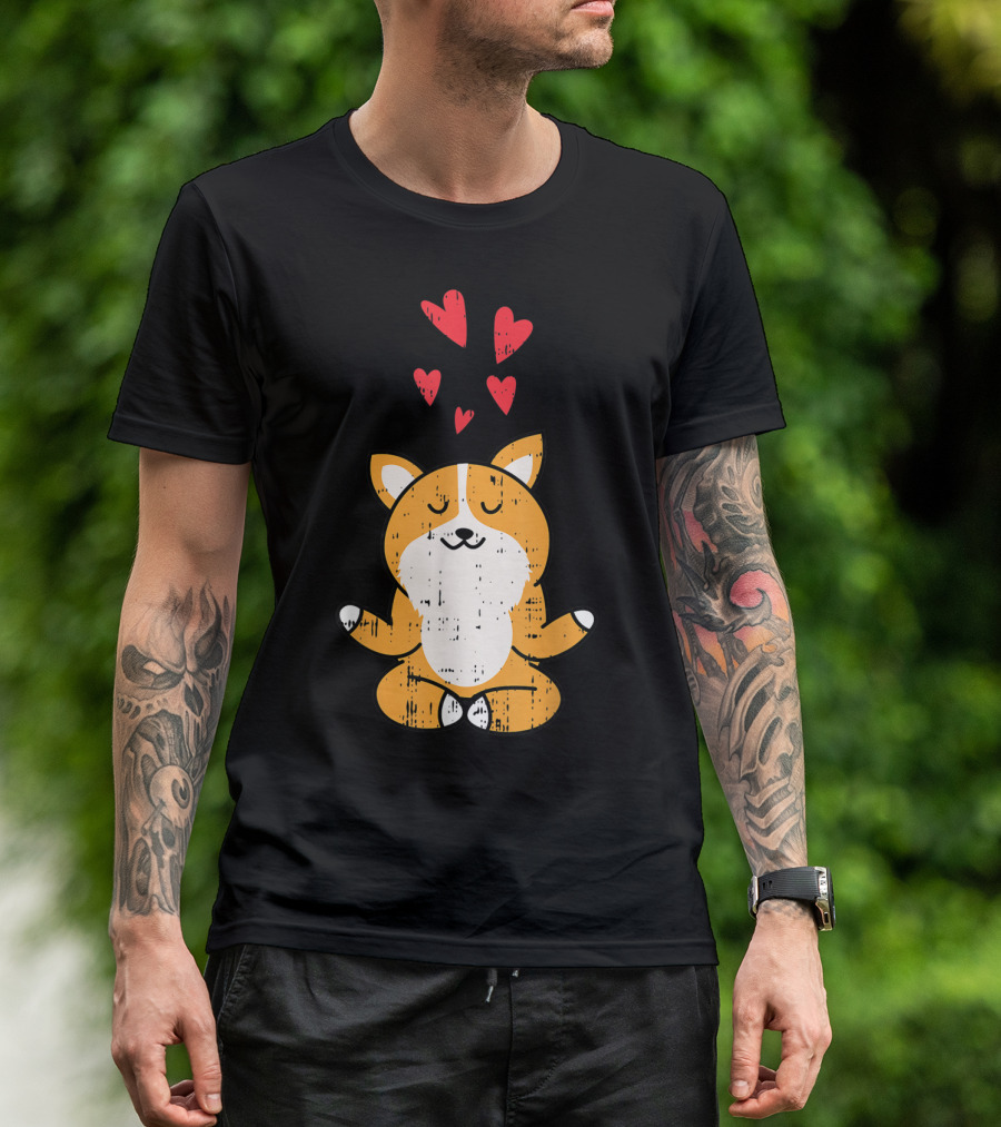 Corgi Meditating With Hearts Yoga Cute Pet T-Shirt