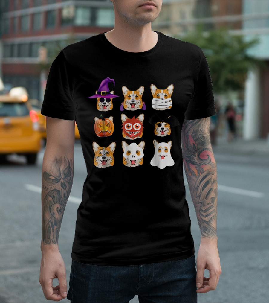 Corgi Halloween Witch Mummy Pumpkin Monster Pirate Skeleton Ghost Emoji Dog T-Shirt