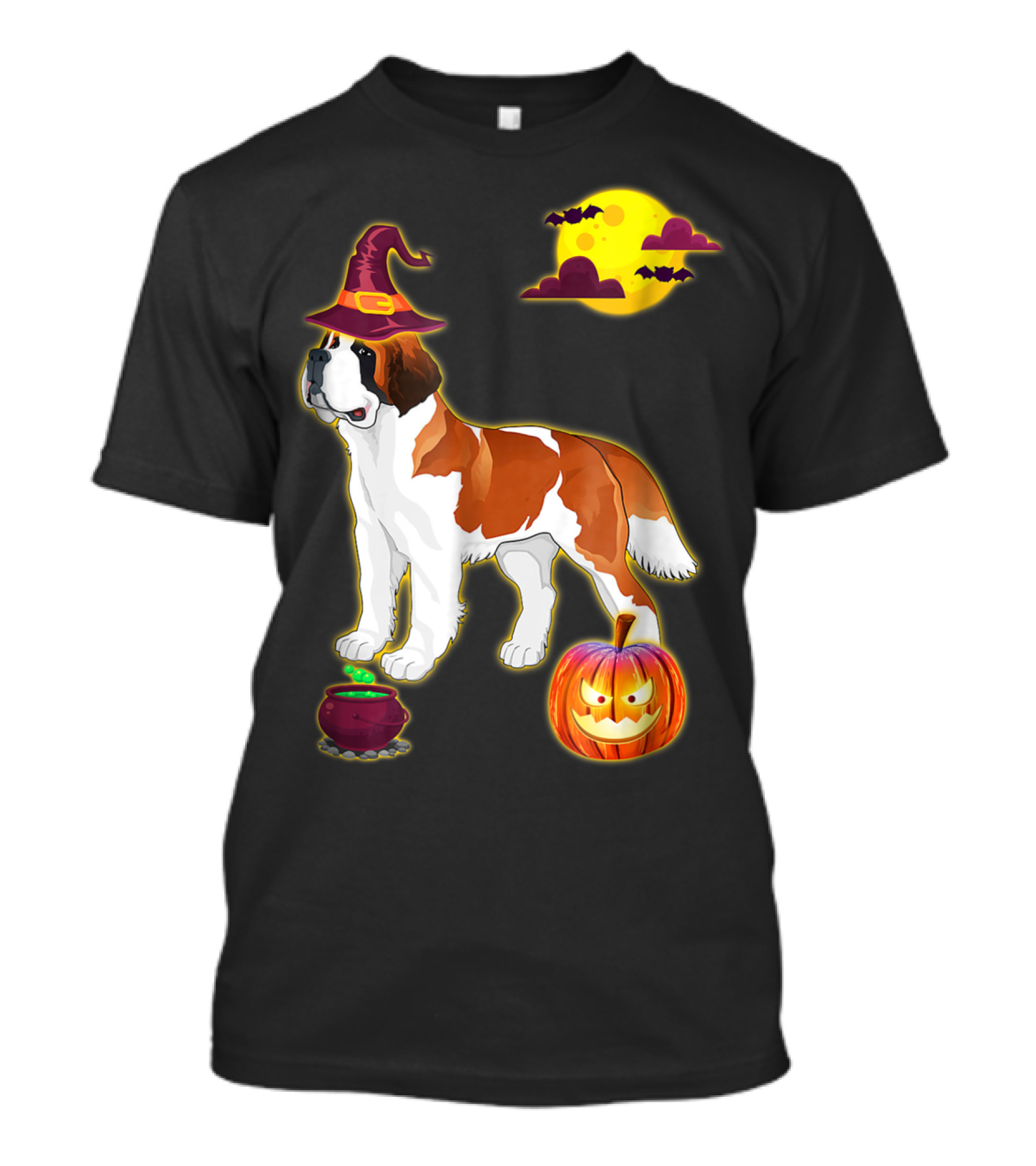 Saint Bernard Halloween Witch Hat Cauldron Pumpkin Moon T-Shirt