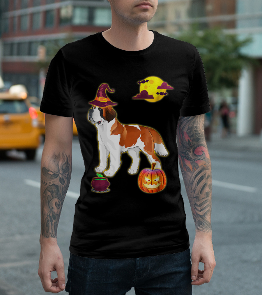 Saint Bernard Halloween Witch Hat Cauldron Pumpkin Moon T-Shirt