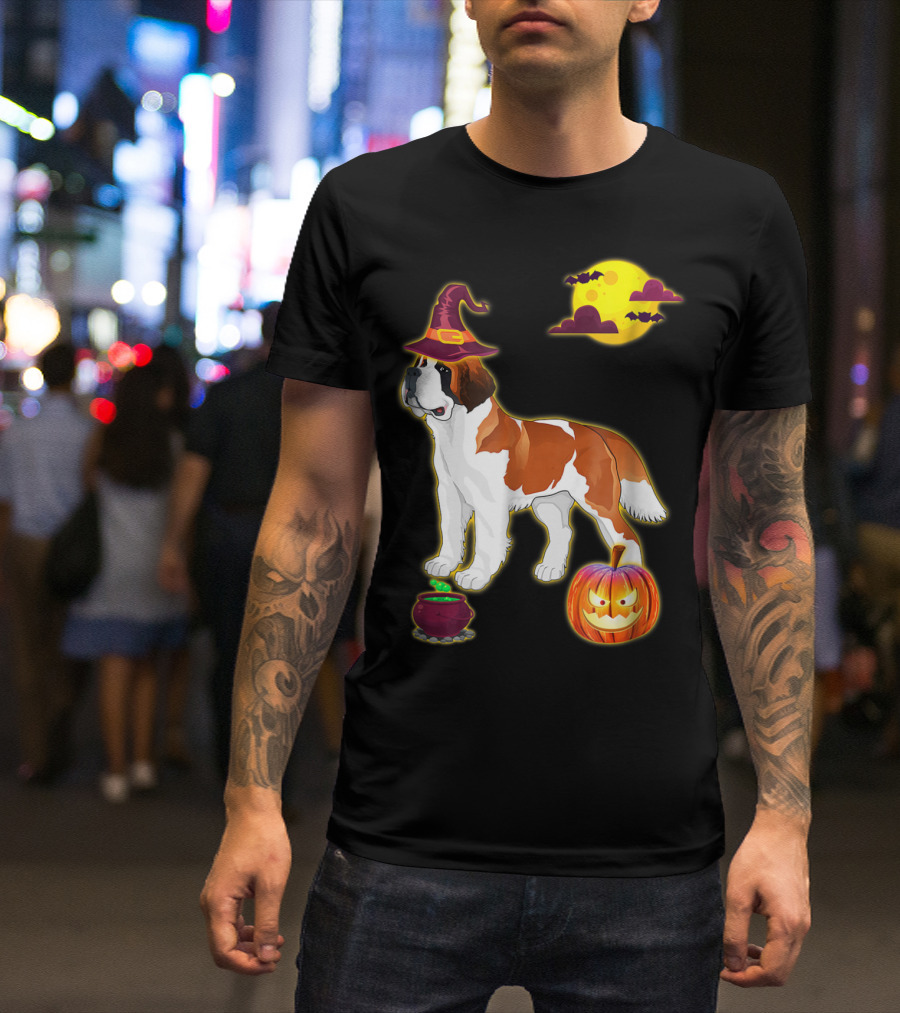 Saint Bernard Halloween Witch Hat Cauldron Pumpkin Moon T-Shirt
