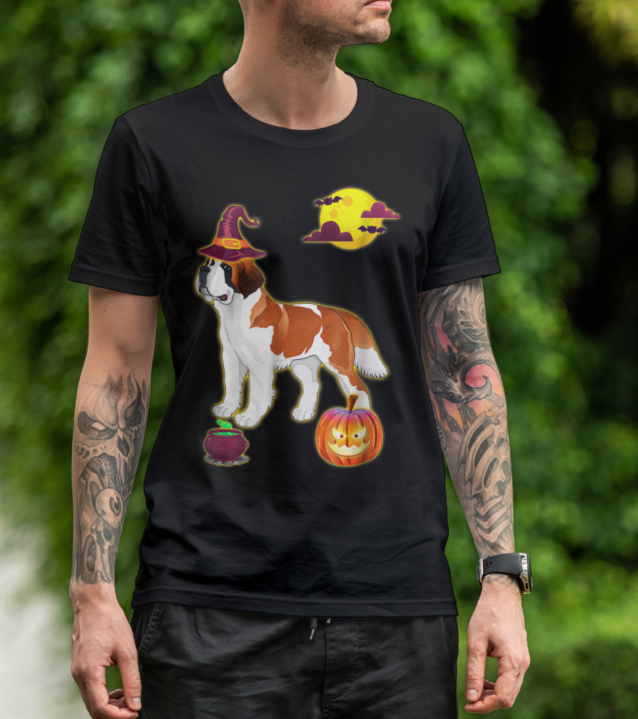 Saint Bernard Halloween Witch Hat Cauldron Pumpkin Moon T-Shirt
