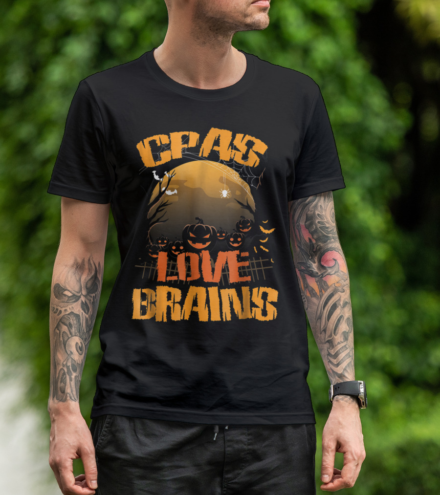 CPAs Love Brains Halloween Pumpkin Scene With Full Moon And Spiderwebs T-Shirt